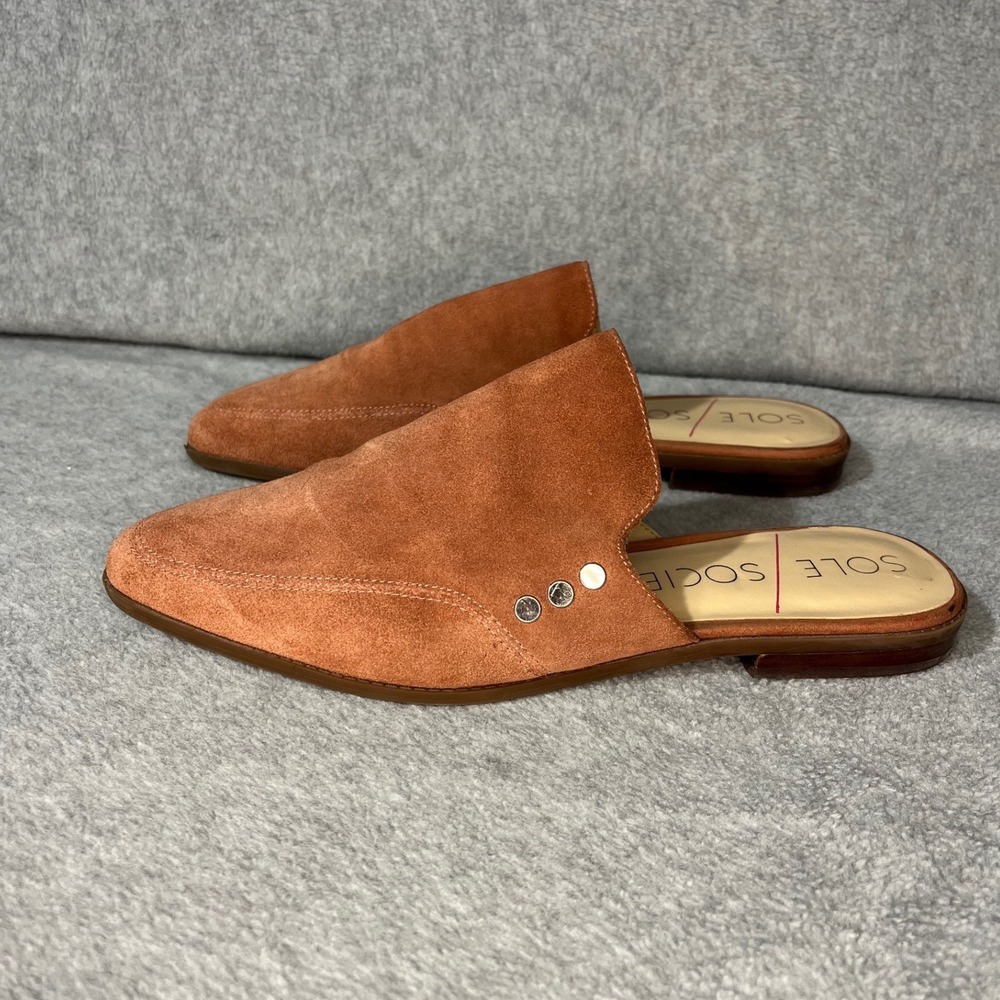 Sole Society Mules Women Sz 9 Cognac Suede Studded Pointed‎ Toe Flats GUC FLAW